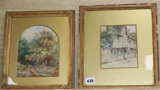 English School, 2 watercolours, Figure beside cottages and Children beside a stream, largest 18 x 14cm